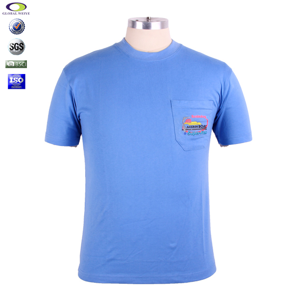 男士纯棉蓝色圆领口袋T恤印花logo