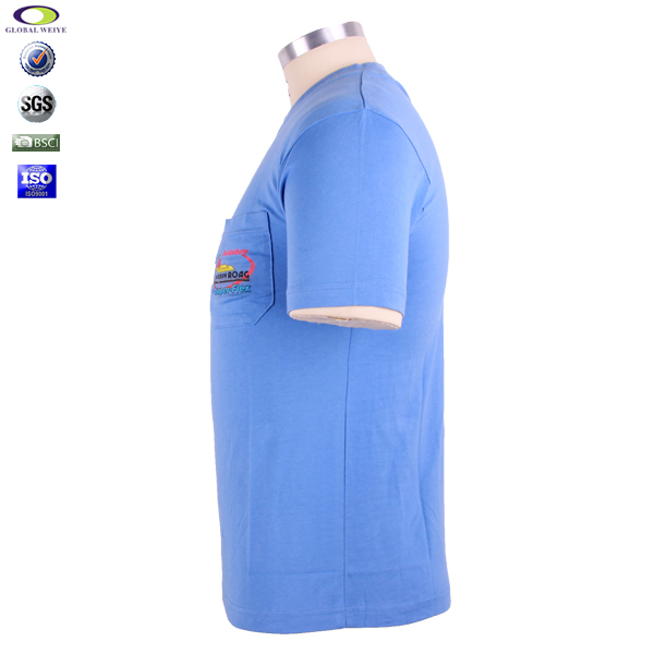 男士纯棉蓝色圆领口袋T恤印花logo