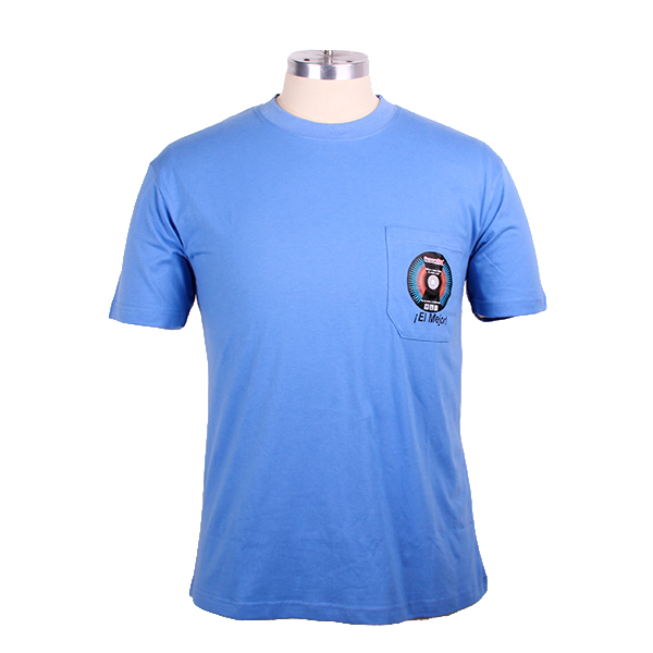 印花男士纯棉蓝色圆领口袋T恤