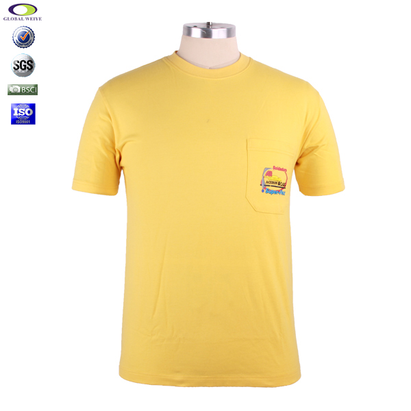 口袋设计男士纯棉黄色圆领T恤