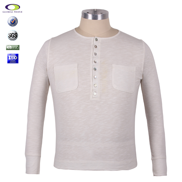 时尚女士全棉纽扣口袋设计长袖圆领T恤