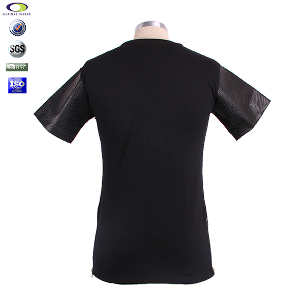 潮流皮革袖男士黑色圆领短袖T恤空白