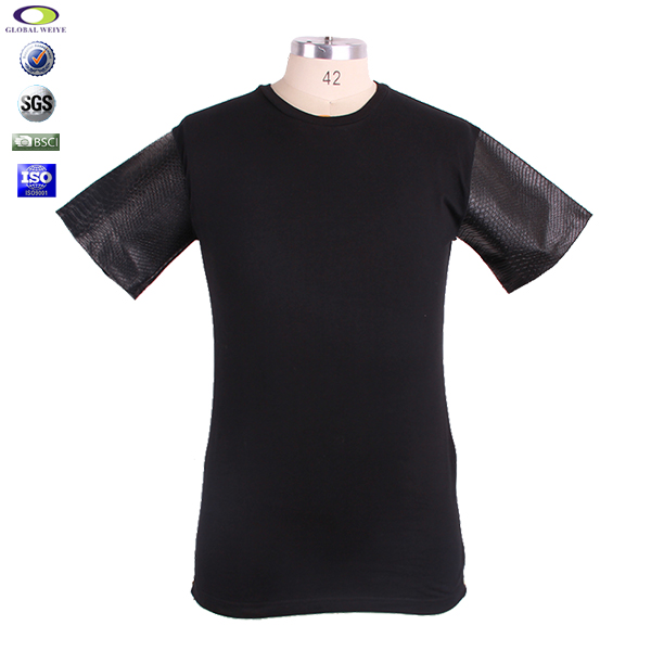 潮流皮革袖男士黑色圆领短袖T恤空白