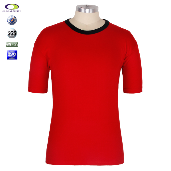 男士撞色领空白T恤红色圆领纯棉