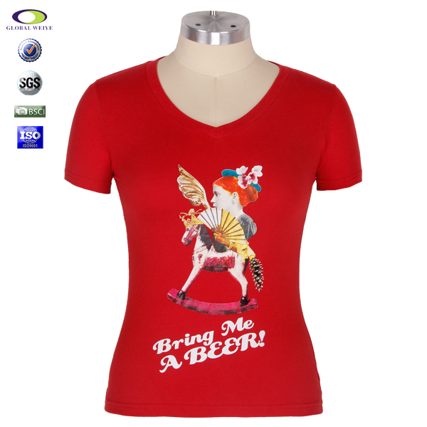 广告宣传红色女士V领印花T恤衫定做