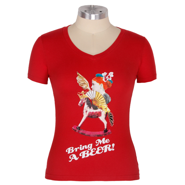 广告宣传红色女士V领印花T恤衫定做