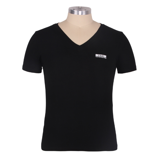 棉莱卡弹力修身女士V领T恤黑色刺绣