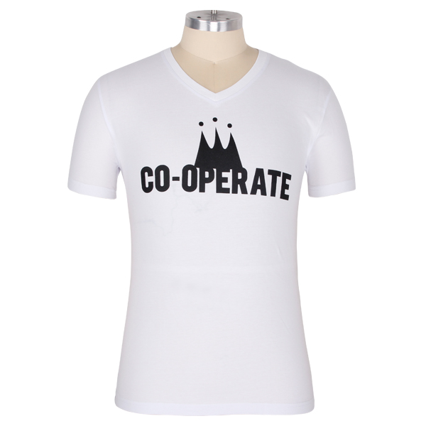 单色丝网印男士白色V领短袖纯棉T恤