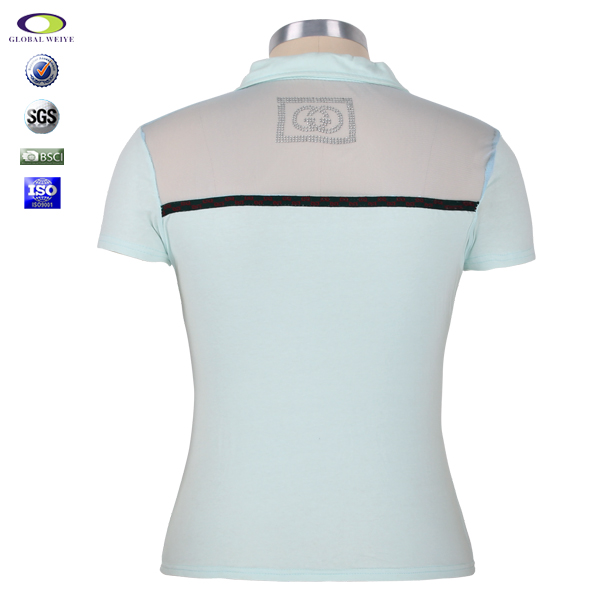 定制女士淡绿色背后镂空烫钻polo衫翻领T恤衫