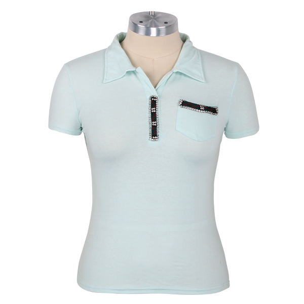 定制女士淡绿色背后镂空烫钻polo衫翻领T恤衫