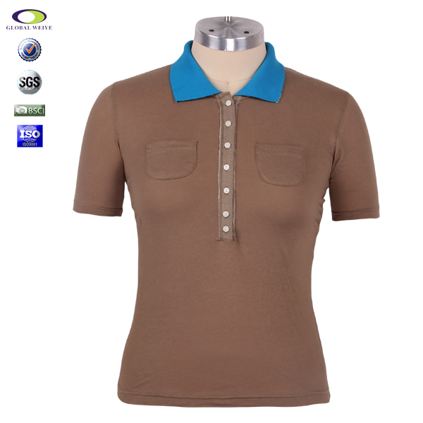 100%棉女士棕色异色领polo衫翻领短袖口袋T恤衫
