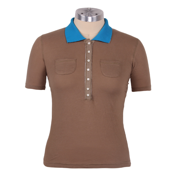 100%棉女士棕色异色领polo衫翻领短袖口袋T恤衫