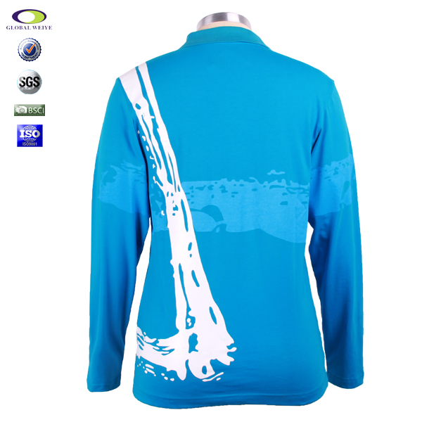 女士蓝色纯棉polo衫翻领长袖印花T恤衫定做