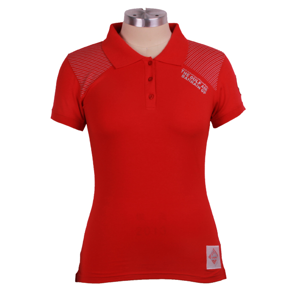 中国红100%棉女士polo衫贴布绣翻领短袖T恤衫