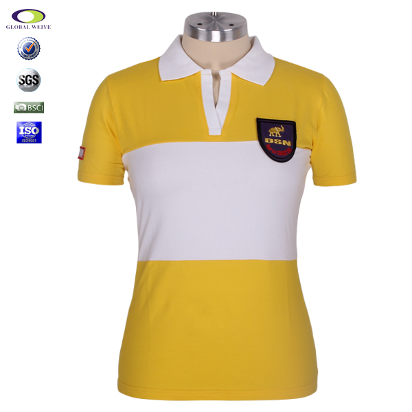 100%棉女士黄白拼接绣章polo衫翻领短袖T恤衫