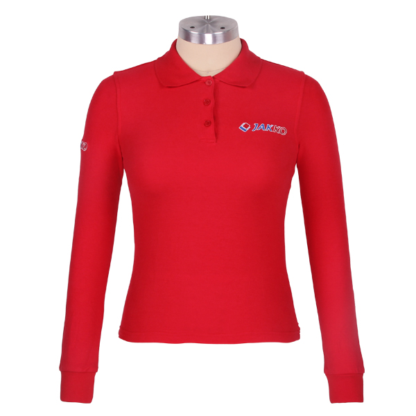 中国红女士纯棉polo衫翻领长袖刺绣T恤衫定做