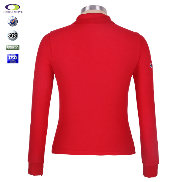 中国红女士纯棉polo衫翻领长袖刺绣T恤衫定做