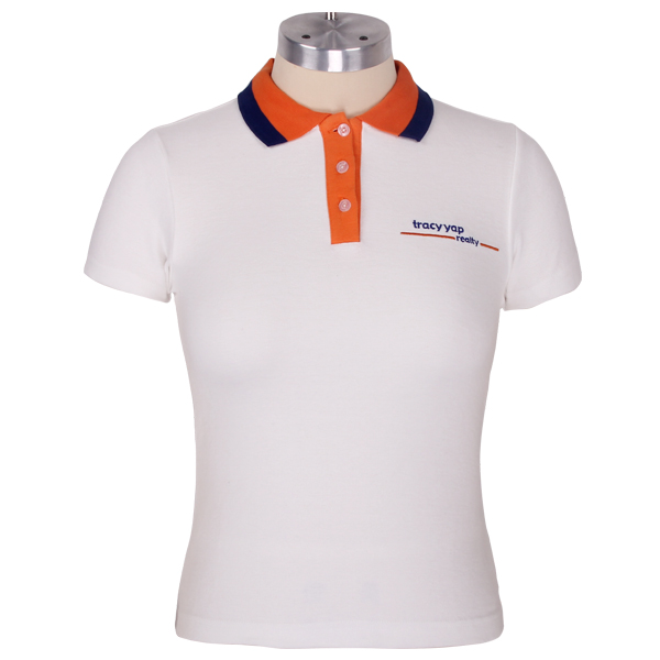 女士白色polo衫异色领刺绣翻领短袖T恤衫