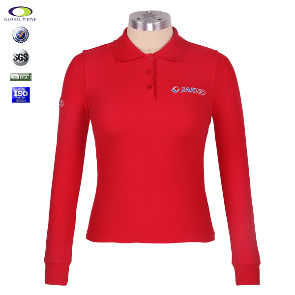 中国红女士纯棉polo衫翻领长袖刺绣T恤衫定做