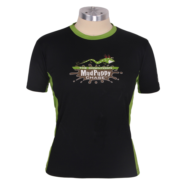 女士绿领黑色短袖丝网印logoT恤衫定制