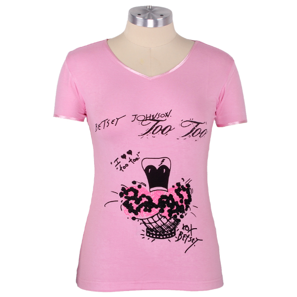 女士粉色印花V领短袖T恤衫定制