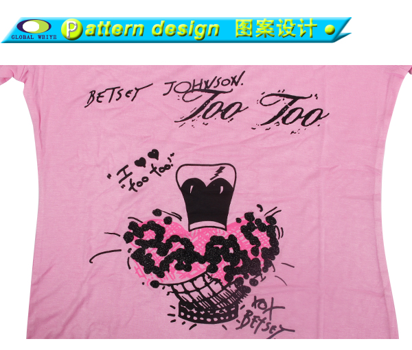 女士粉色印花V领短袖T恤衫定制