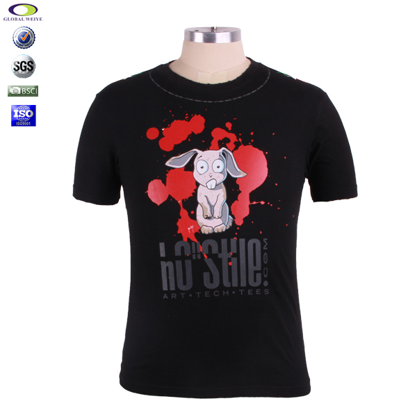 黑色全棉男士圆领印花T恤