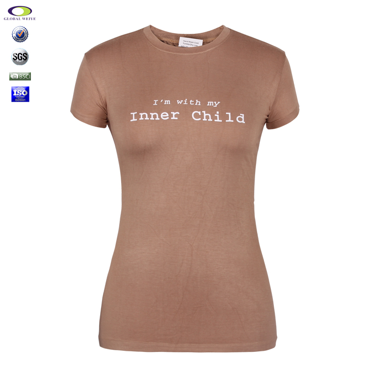 定制咖啡色长款印花女士圆领短袖T恤衫