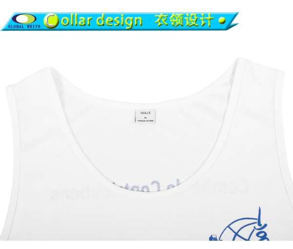 100%涤圆领印花网眼无袖篮球白色运动衫