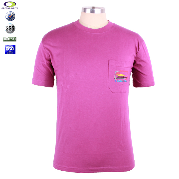 男士玫红色口袋宣传衫印花圆领短袖团队工作服