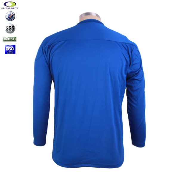 男士蓝色V领插肩空白长袖全涤网眼T恤衫定制厂家