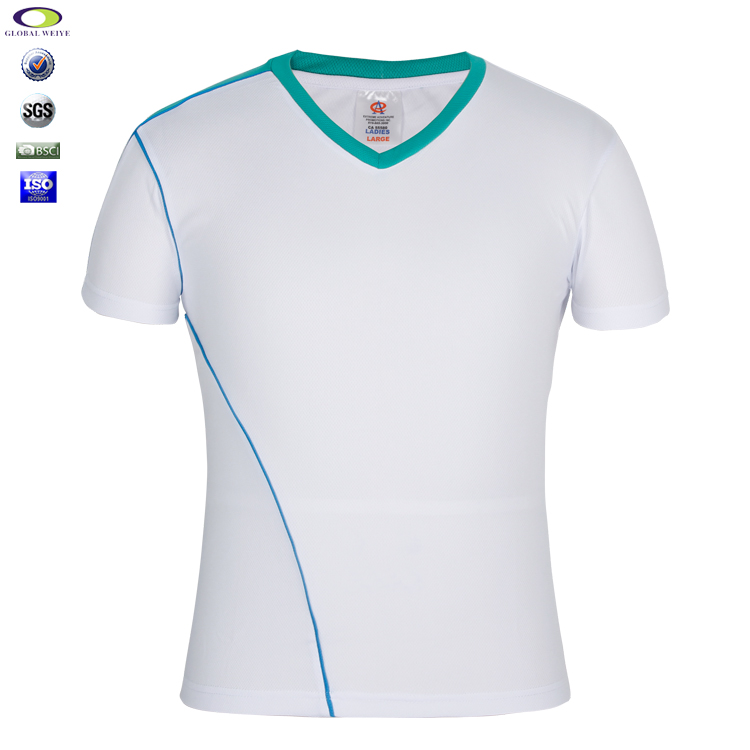 定制男士绿色领白色空白V领T恤衫定制厂家