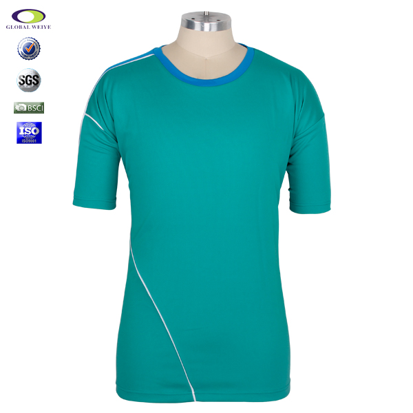 定制男士蓝色领绿色空白T恤衫全涤圆领短袖定制工厂