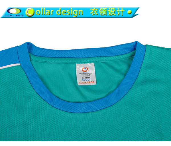 定制男士蓝色领绿色空白T恤衫全涤圆领短袖定制工厂