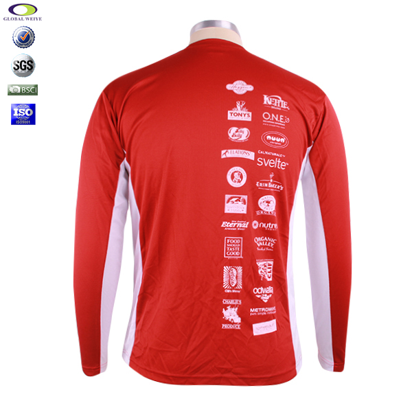 定制男士红色全涤圆领印花长袖运动服T恤衫定制厂家