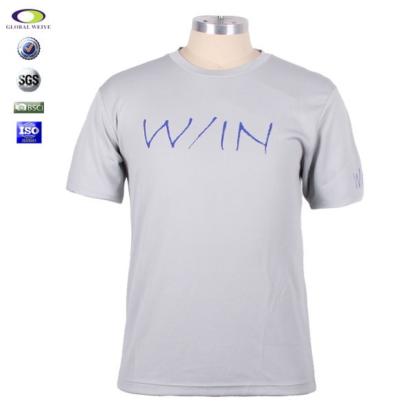 定制男士浅灰色全涤网眼圆领印花宣传短袖T恤衫定制厂家