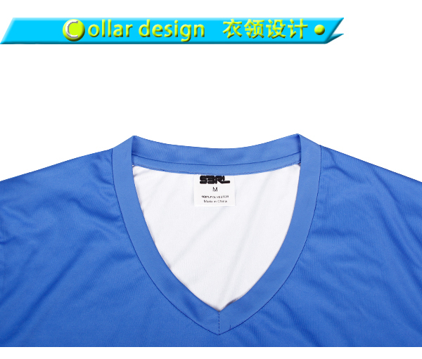 男士蓝色全涤热升华V领短袖恤衫定制厂家