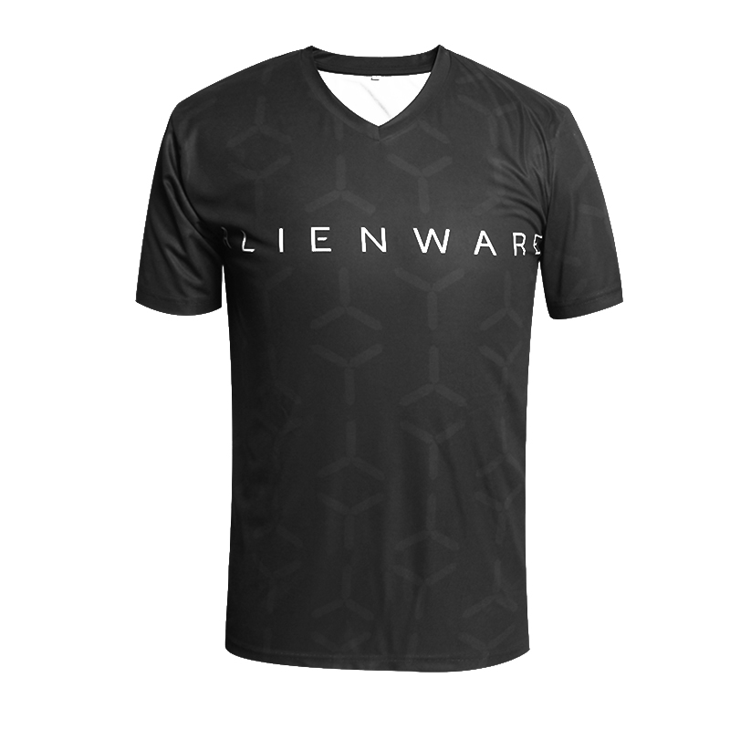 男士黑色全涤字母印花V领短袖恤衫定制厂家