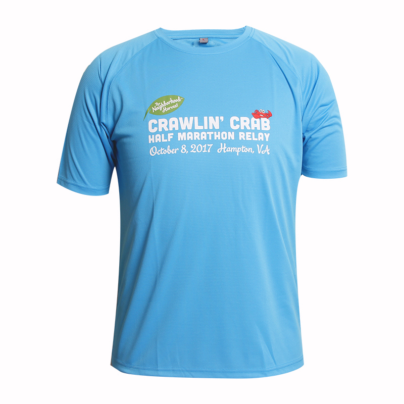 定制男士蓝色全涤字母印花插肩圆领短袖恤衫定制工厂