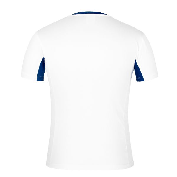 男士蓝色领白色印花全涤圆领短袖T恤衫定制厂家