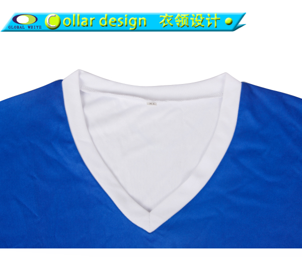 定制全涤男士蓝白拼接热升华印花V领短袖T恤衫