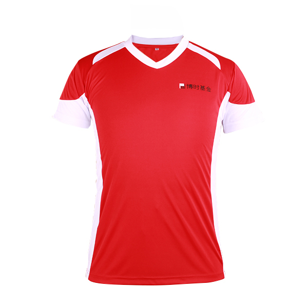 订制红色全涤V领插肩印花T恤男短袖T恤衫运动服定做