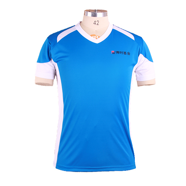 订制蓝色全涤V领异色领印花T恤男短袖T恤衫团服定制