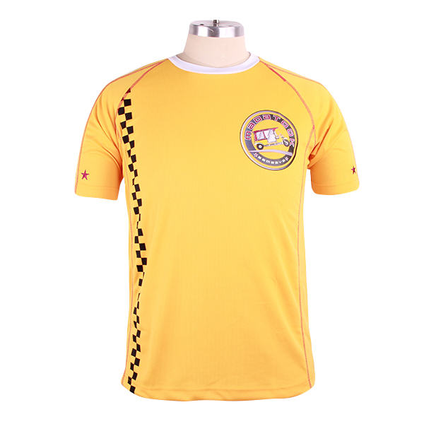 订制黄色全涤网眼异色领印花圆领刺绣T恤男短袖定制